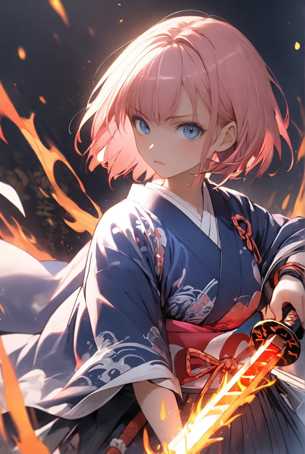 1lady,(((pink short hair,blue eyes))),solo,cool,
samurai girl,holding a sword,fantastic, look suspicious,
((flame sword)),fire,flame,blaze,