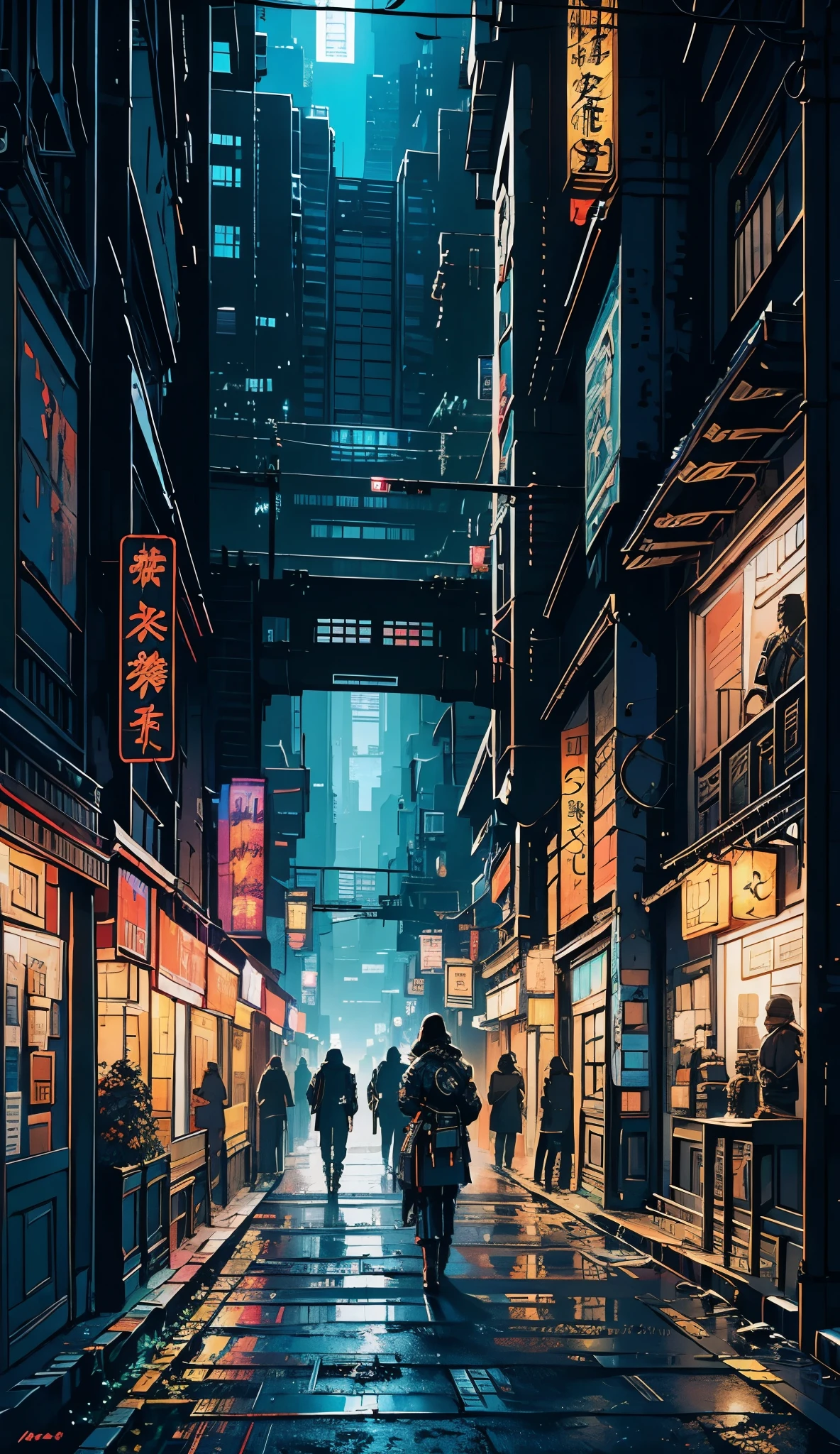 Cyberpunk city from sci-fi movie, empty street, night, chinoiserie buildings, old shop, irregular, circuit boards, wires, intricate, super detailed, realistic, hyper realistic, high quality, best, super detailed, crazy Detail, Very Detailed, Photorealistic, Epic Composition, Best Quality, 32k --v 6