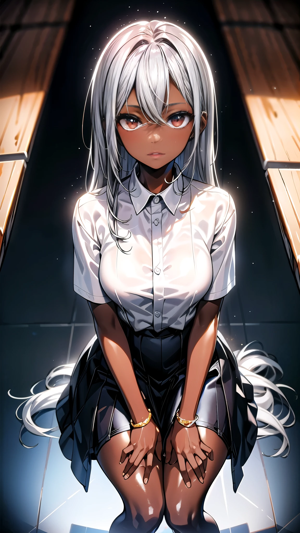 one person , dark skin , Silver Hair,Tempting,  sitting on a chair ， Clear Clothes ，School Uniform