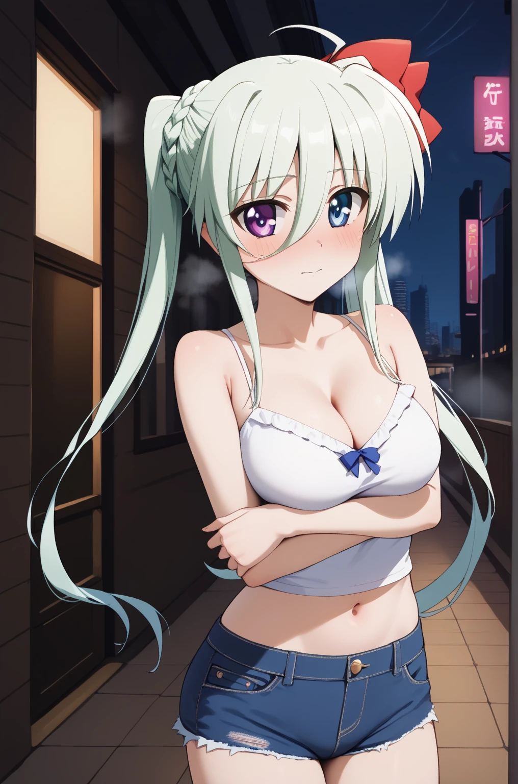 masterpiece,best quality,{{detailed beautiful face and eyes}},
Einhard Stratos,{{{megami magazine}}},long hair,green hair,twintails,red hair ribbon,ahoge,hair between eyes,braided bangs,heterochromia,purple eyes,blue eyes,medium breasts,
camisole, bare shoulders, cleavage, crop top, cutoffs, denim shorts, midriff, short shorts, spaghetti strap,
1girl,(is embarrassing,big blush,closed mouth,steam:1.0),
((standing,cowboy shot,looking at viewer,breast hold:1.2)),
(night city background:1.0),clothed
