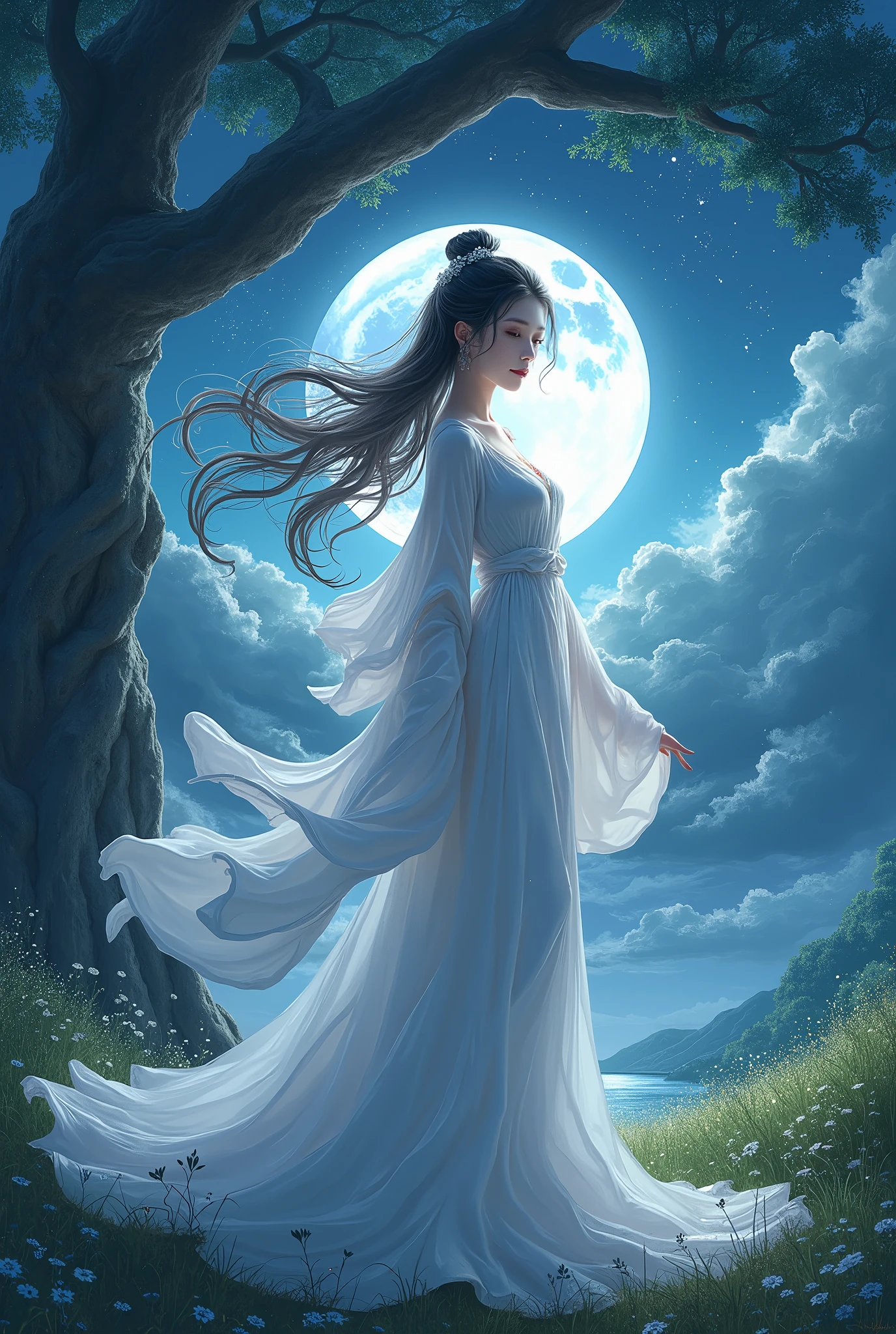 anime,  manga ,  Japanese woman, beautiful,  beauty, goddess,  Outstanding style, night,  starry sky , 星が瞬くnight, Moonlight, Large tree, Grass Square, 