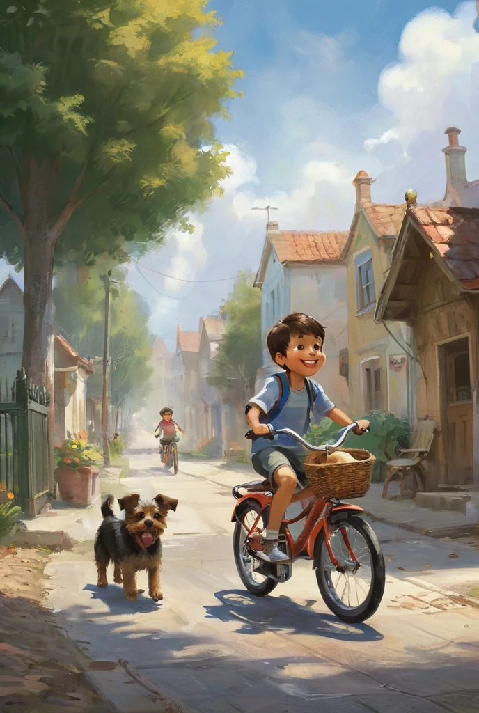 A boy riding his bicycle with his two little dogs