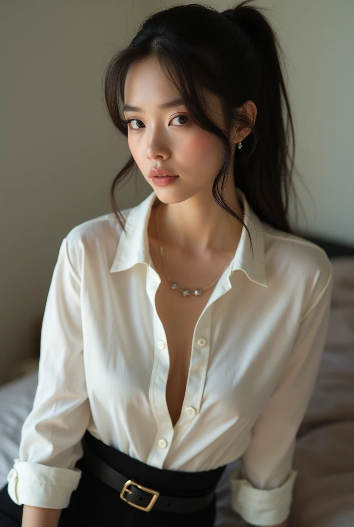 high quality,, Alluring face, office,Buttoned shirt,,Japanese,
Raise your arms and open your sides,chest, Clear shirt