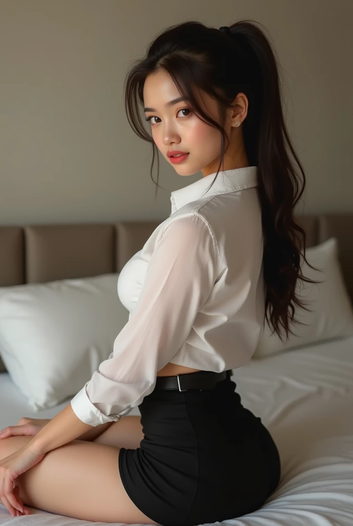 A female east Asian young adult curvy body wavy brunette hair showing her pussy 