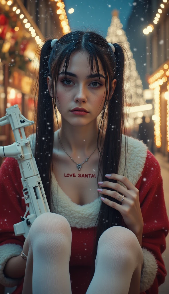 a cinematic full body pictrue of a Russian slim skinny teen girl holding an white AR-15 assult rifle, with white vampire color of skin with two Black pony tails long hair to the ground, heavy pastelle Make up with long eye lashes and pink rouge, with a necklace with the text "Love Santa" written on it. (Dressed as santa claus in a skin tight school girl with chrismast dress), super long skinny legs with white over the knee stockings, snow in the air evenning at the christmas market, christmas theme background with christmas tree,Fullbody shot showing legs and feet,