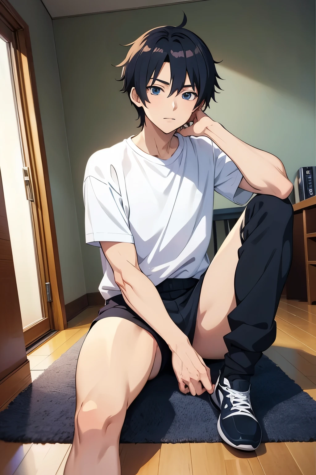 boy with short curly black hair and white tshirt on a flying carpet