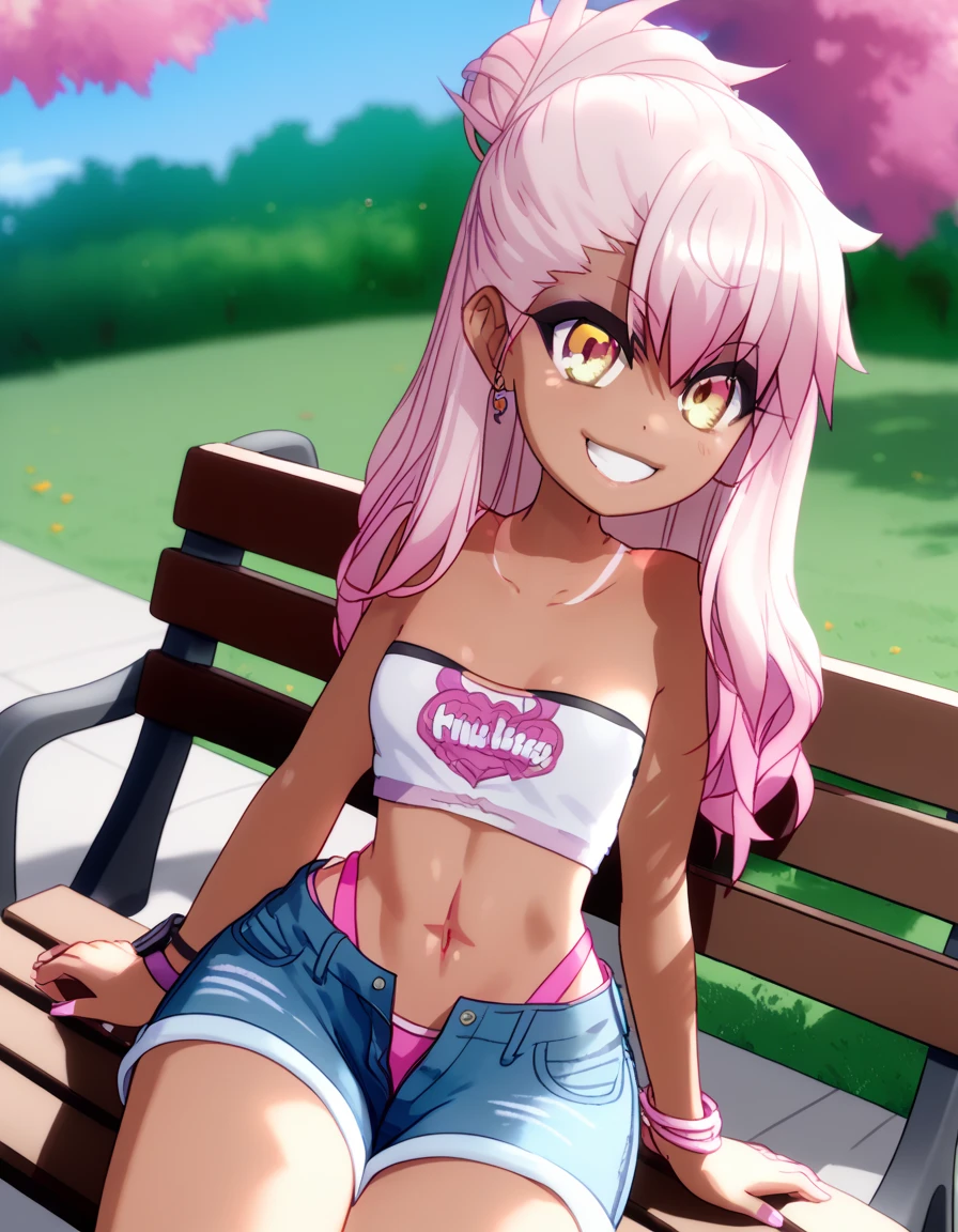 1girl,solo,smile,outdoor,midriff, pink tube top, denim hotpants, open fly, beld, gyaru clothes, thighighs,sitting,bench, chloe,dark_skinned_female,dark_skin,long_hair,pink_hair,yellow_eyes,hair_between_eyes,white_hair,bangs,small_breasts,,half_updo,one_side_up, young girl, li:1.3, slender waist, nice hips, slut