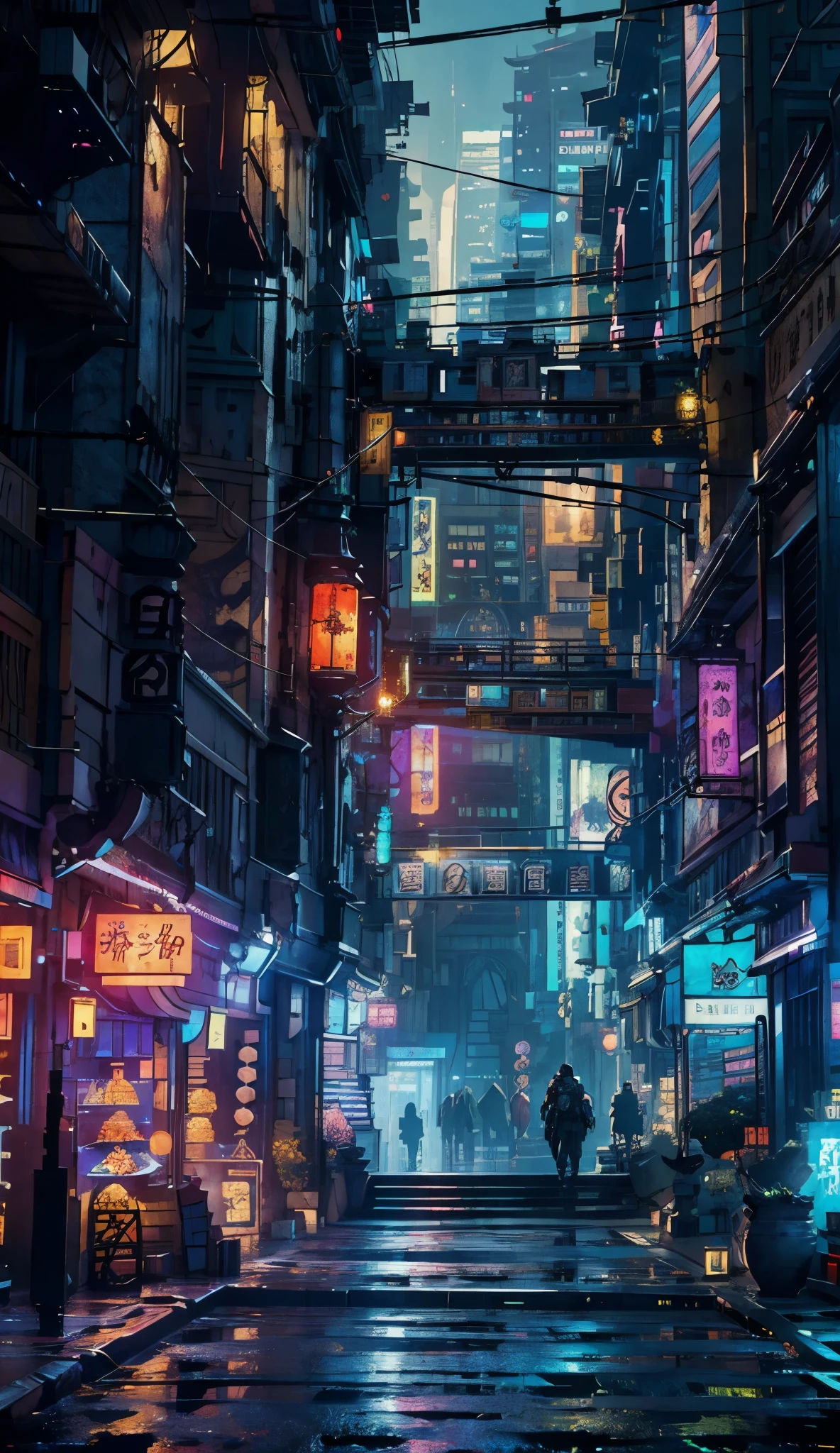 Cyberpunk city from sci-fi movie, empty street, night, chinoiserie buildings, old shop, irregular, circuit boards, wires, intricate, super detailed, realistic, hyper realistic, high quality, best, super detailed, crazy Detail, Very Detailed, Photorealistic, Epic Composition, Best Quality, 32k --v 6