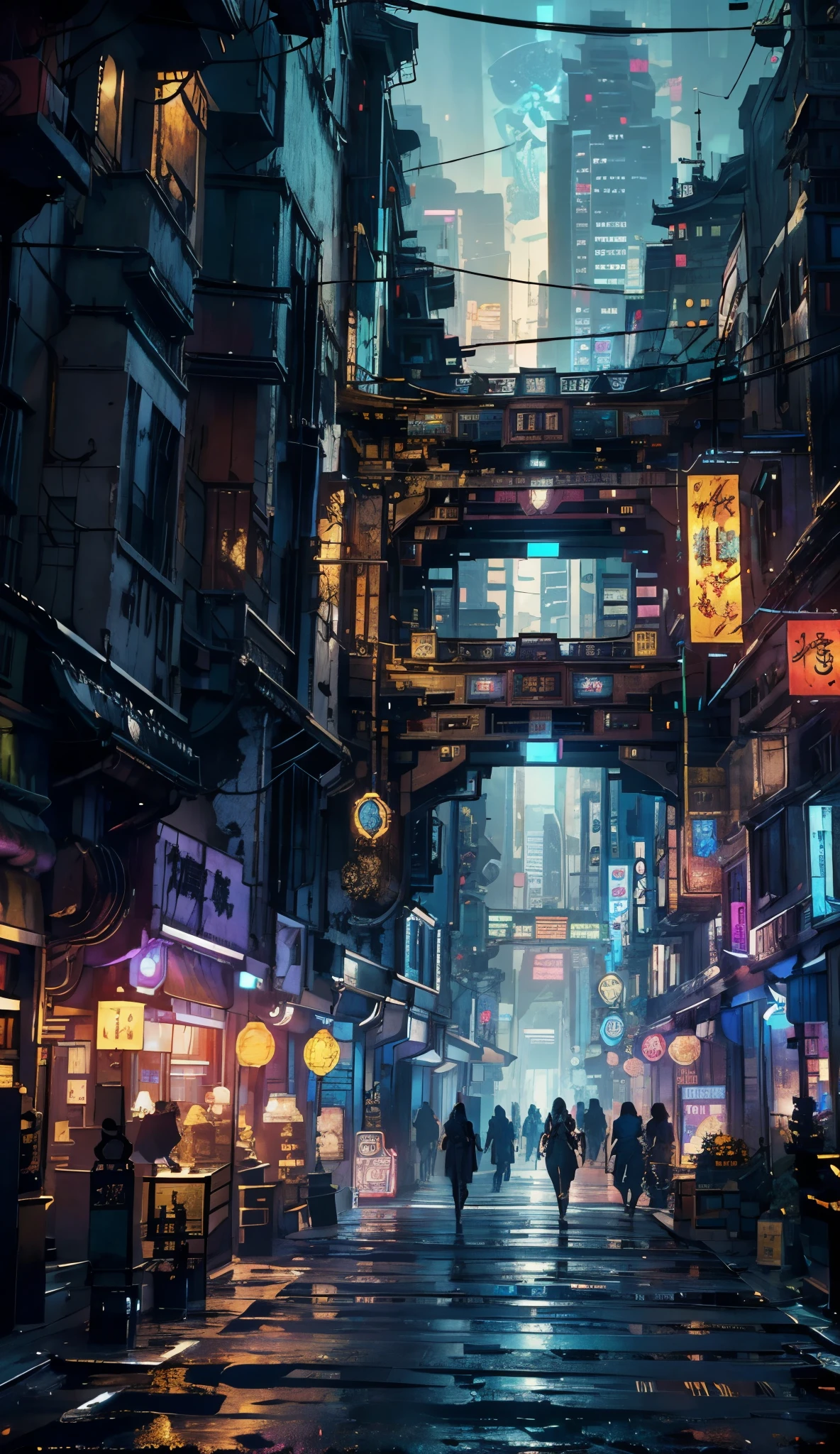 Cyberpunk city from sci-fi movie, empty street, night, chinoiserie buildings, old shop, irregular, circuit boards, wires, intricate, super detailed, realistic, hyper realistic, high quality, best, super detailed, crazy Detail, Very Detailed, Photorealistic, Epic Composition, Best Quality, 32k --v 6