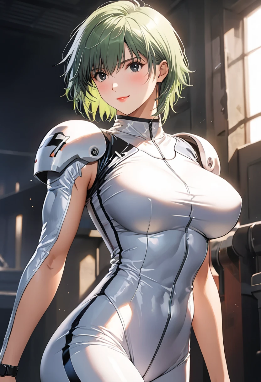 masterpiece, BestQuality, High resolution,16k,official art,super detailed skin,detailed,animated painting,(aina sahalin1.3),1990s \(style\),(F-cup beautiful breasts:1.3), (tall:1.2),(height: 170cm,Fashion model body type:1.2),pointed eyes,black eyes,green hair,short cut hair,(athletic Muscular:1.2)、white rubber suit,(clevage is exposed:1.3),1girl,solo,nsfw,sexy,cool face,light smile,shy,blush,Anime-style painting style,Close up on full body,Cinematic lighting,Superfine,in the armory