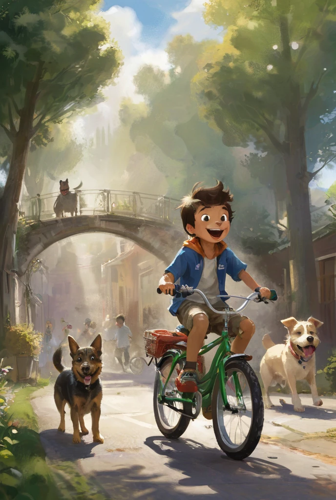 A boy and his two dogs riding his bicycle  