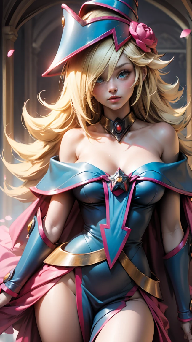 Dark_Magician_Girl,a beautiful dark magician girl, 1girl, elegant magician outfit, dramatic magical pose, long wavy blonde hair, piercing blue eyes, detailed facial features, flawless skin, glowing magical energy, intricate magical runes and symbols, dramatic dark lighting, moody color palette, cinematic camera angle, highly detailed, photorealistic, 8k, masterpiece