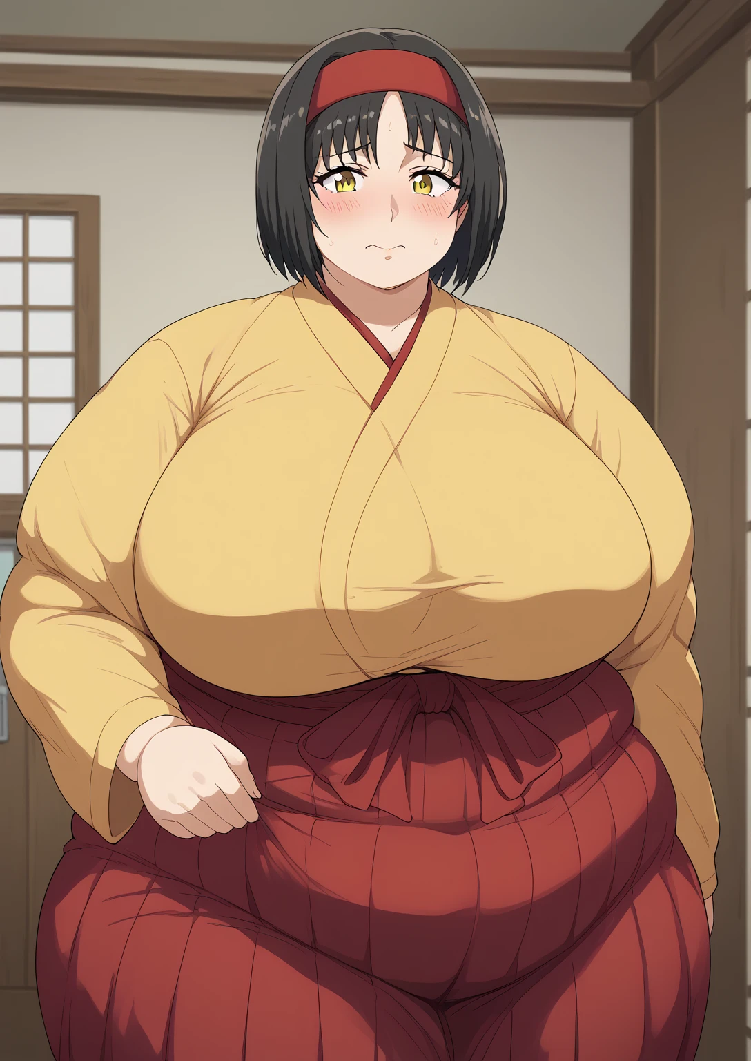 Erika, Erica,    yellow eyes  ,  Black Hair,  red headband,   short hair,  yellow kimono, Boobs are not exposed,   Long Sleeve  ,  red hakama, score_9,   score_8_ up,   score_7_ up,   score_6_ up,   score_5_ up,   score_4_ up,     masterpiece   ,   top quality,     very aesthetic  ,    absurd,    source_Anime, Anime screencap,    one woman , Alone,   personal   ,  Super huge breasts, (((S uper huge クレビス, Super huge , Super huge boob))), Curvy,   in her 20s,  Mature Woman,   obese , ,  troubled expression, ssbbw,  embarrassed expression, Japanese-style room, Hunger, hungry woman