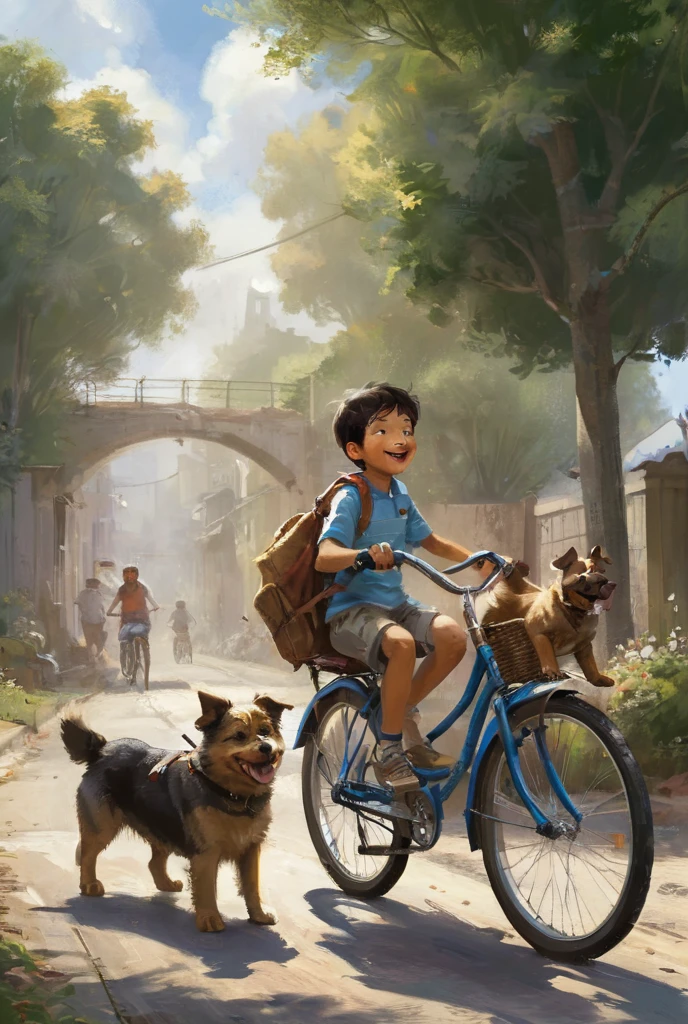 A boy riding his bicycle carrying his two dogs 