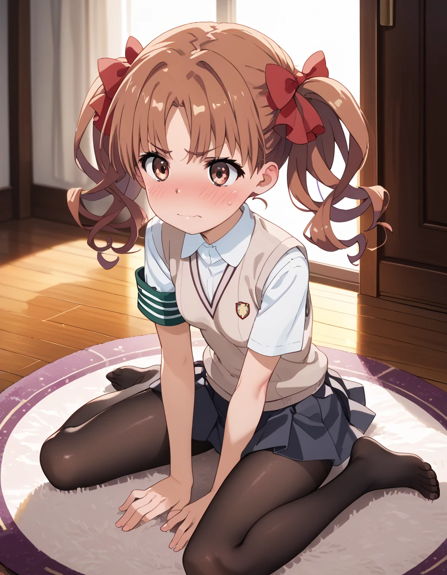 score_9, score_8_up, score_7_up, score_6_up, score_5_up, score_4_up, source_anime, masterpiece, best quality, loli, petite, shiny skin, gleaming skin, small breasts, kuroko shirai, brown hair, long hair, parted bangs, brown eyes, ringlets, twintails, hair bow, bow, red bow, armband, black skirt, collared shirt, dress shirt, pleated skirt, safety pin, school uniform, shirt, short sleeves, skirt, summer uniform, sweater vest, tokiwadai school uniform, twintails, white shirt, brown sweater vest, underbust, embarrassed, on floor, indoors, :o, carpet, Stretch one leg,, black pantyhose,, panties under pantyhose, panties, full body,