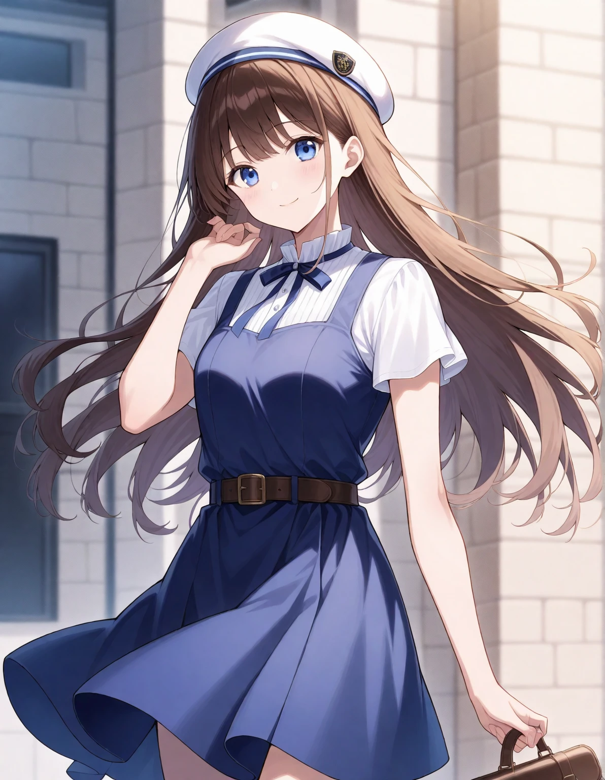  depth of field,  One girl ,   light smile,   looking at viewer,  cute round face,    long straight hair ,  Detailed body, small tits, Wear a navy blue dress , Belt worn、Daytime,  natural light, masterpiece,  top quality ,  great quality,   very aesthetic  , up to date,smile、Wear a beret 、Brown Hair、Blue eyes