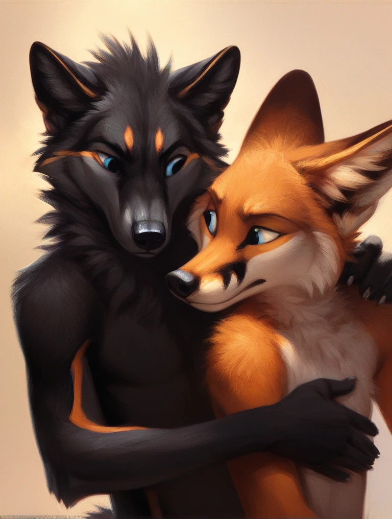 score_9, score_8_up, score_7_up, source_furry, rating_safe, by kenket, anthro, duo, male/male, wolf, black body, blue eyes, fox, orange body, doggy style, on bellies, hands on hips, legs, disappointment, sad, fullbody portrait, strong
