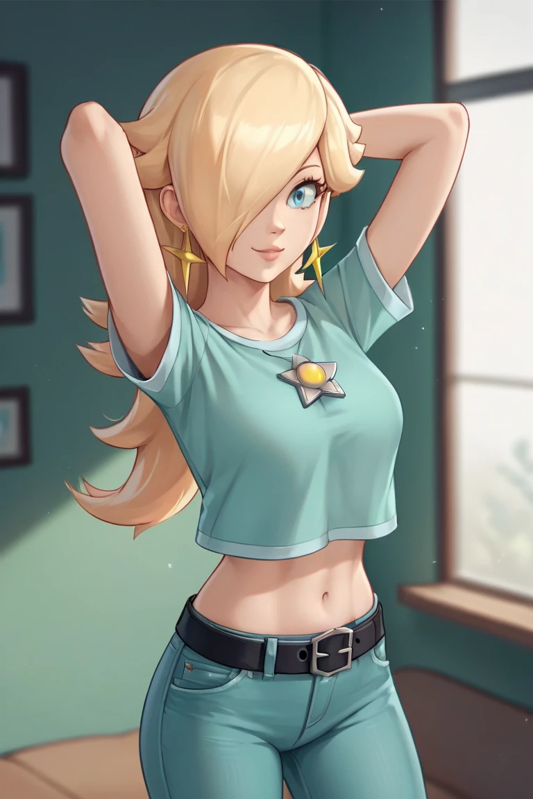 score_9, score_8_up, score_7_up, source_anime, rosalina, blonde hair, blue eyes, hair over one eye, long hair, star earrings, solo, cowboy shot, black t-shirt, taut clothes, tight shirt, midriff, navel, jeans, black belt, arms behind head, smile