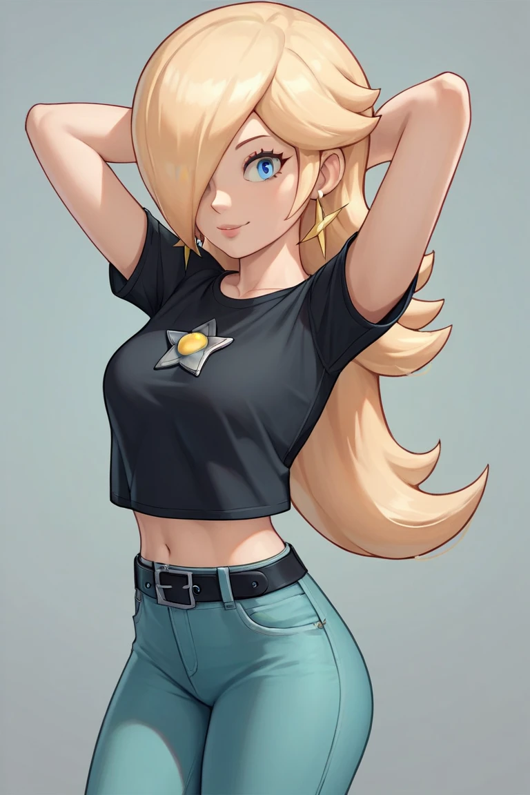 score_9, score_8_up, score_7_up, source_anime, rosalina, blonde hair, blue eyes, hair over one eye, long hair, star earrings, solo, cowboy shot, black t-shirt, taut clothes, tight shirt, midriff, navel, jeans, black belt, arms behind head, smile