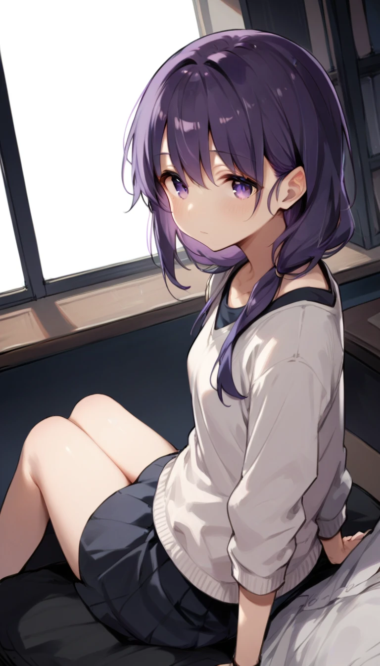 hayasaki-mio , purple eyes, purple hair,   sitting on her lap.