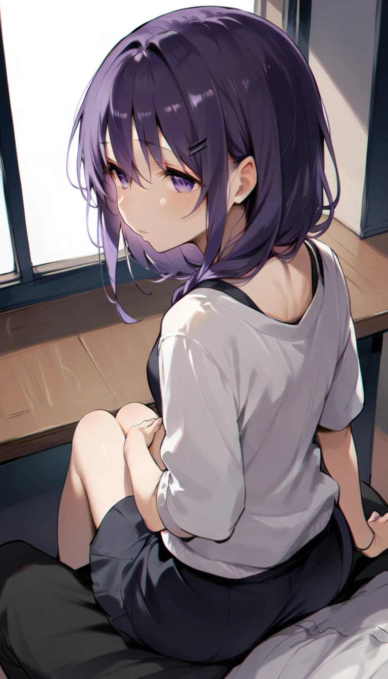 hayasaki-mio , purple eyes, purple hair,   sitting on her lap.