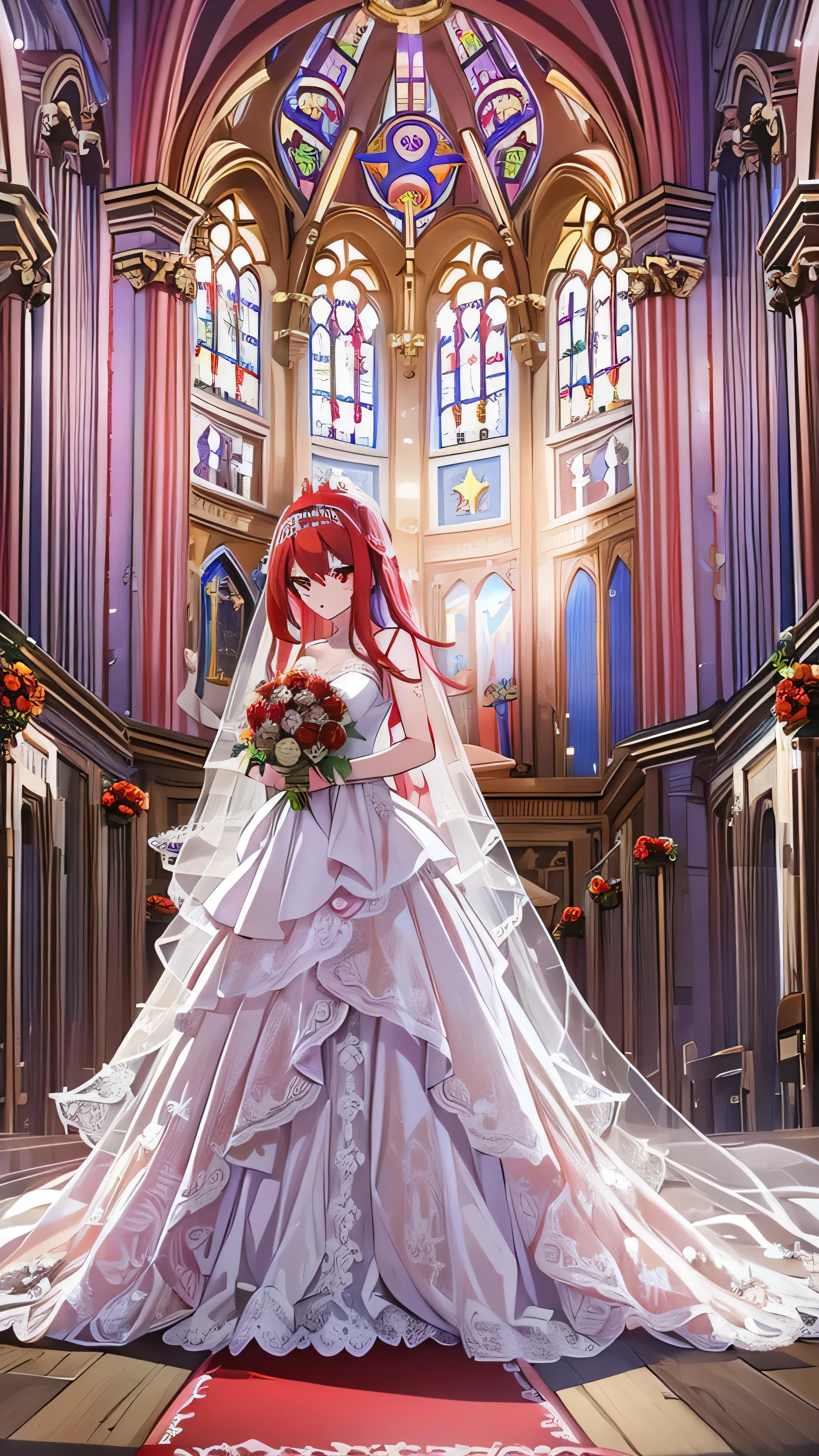  One girl , masterpiece,  High Definition , Sonic Edge_Rias_Gremory,Long Red Hair, (( Wedding Dress, Church Room,   bridal lingerie , wedding theme ))