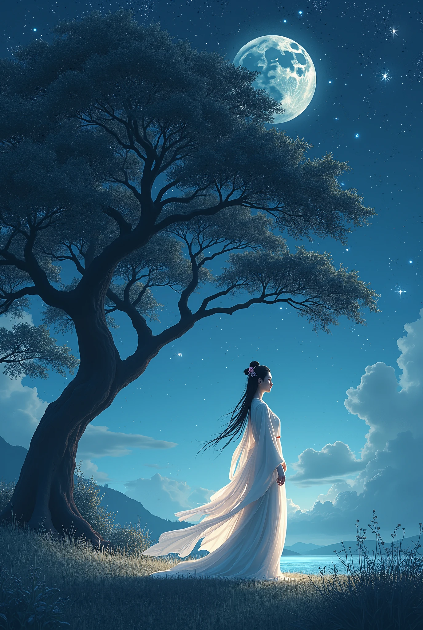 anime,  manga ,  Japanese woman, beautiful,  beauty, goddess, night,  starry sky , Majestic, 星が瞬くnight, Moonlight, Large tree, Grass Square, 