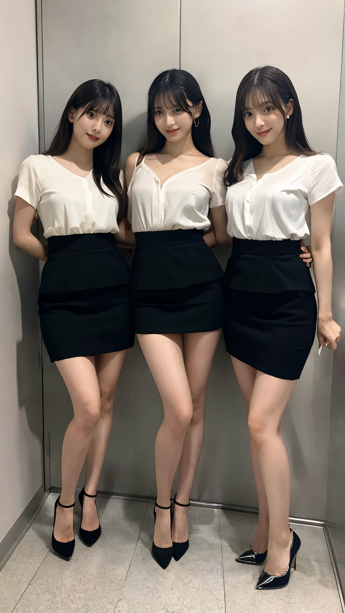 #########################
QUALITY
#########################
(1080P),
(16k),
(ACCURATE),
(ANATOMICALLY CORRECT),
(BEST QUALITY),
(HD),
(HIGH QUALITY),
( highres icon),
(ASTERPIECE),
(retina),
(SUPER DETAIL),
(TEXTUREDSKIN),
(UHD),
#########################
(In a cramped private toilet )),(( are standing ))、( 3 Japanese women hanging their ID ards from their necks )、(20th Generation),、 pencil skirt、 high heels、 lifting the hem of their skirts 、 lace underwear is visible
