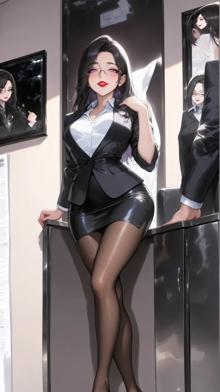 One young and beautiful woman,(masterpiece:1.3, top quality :1.3, very detailed depiction:1.3, incredible high resolution:1.3,High quality anime drawings),( office lady with straight black hair,An excellent female secretary,Villainess,Glasses),( business suit, tight skirt , formal shirt to accumulate strength, black tights, Luxurious Accessory , high heels),( purple eyes, Crazy Eyes , half-closed eyes, normal breasts, wicked smile, glossy red lips , is opening her mouth,Seductive gestures,Beautiful legs, healthy legs,Curvaceous Body,High quality skin),Full body images:2.0,