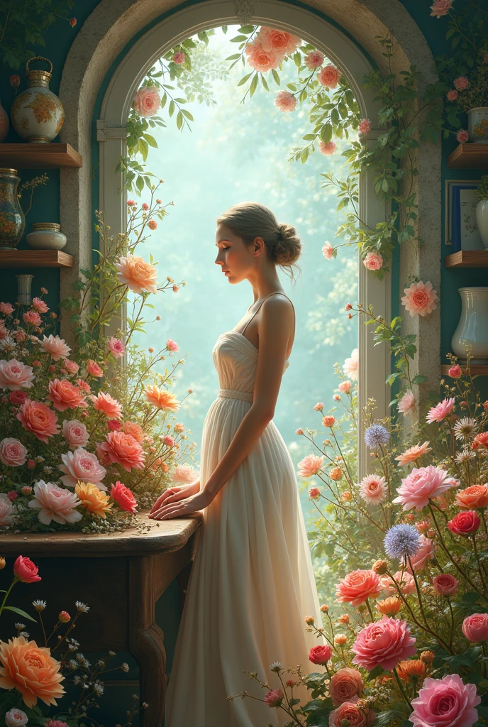 A woman's fantasy in a workroom full of flowers