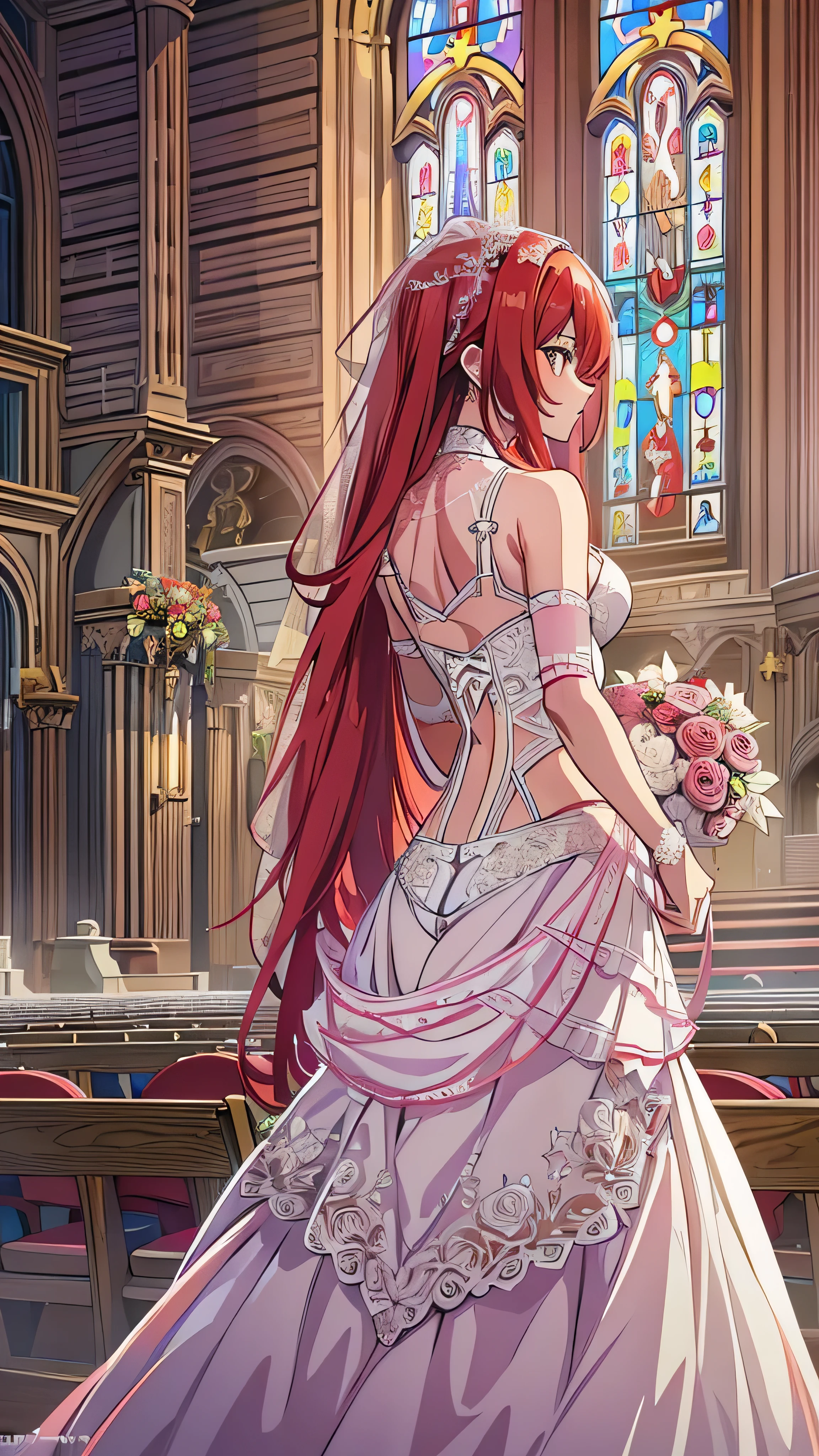  One girl , masterpiece,  High Definition , Sonic Edge_Rias_Gremory,Long Red Hair, (( Wedding Dress, Church Room,   bridal lingerie , wedding theme ))