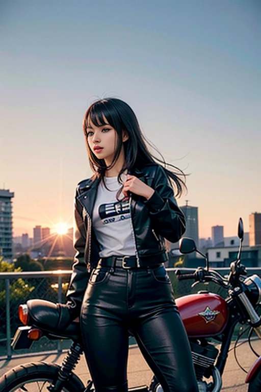 ((top-quality)), ((​masterpiece)), (high-detail:1.3), 。.。.。.3D, Beautiful fece (cyberpunked:1.3), Stylish woman wearing black leather clothes and looking at camera,On patrol,guns, Batons, Martial arts, Martial arts?,daytime or sunset sky or predawn dusk or dawn sunrise,サングラスとBeautiful fece目,Korean Beauty,A harsh look at evil,Near Future City,Small breasts, Small waste,Standing at street,Riding the latest big bike,Super large motorcycle with a total displacement of 1500cc or more,A bike several times the size of a person&#39;Body of,The motorcycle is a large Harley Davidson.,