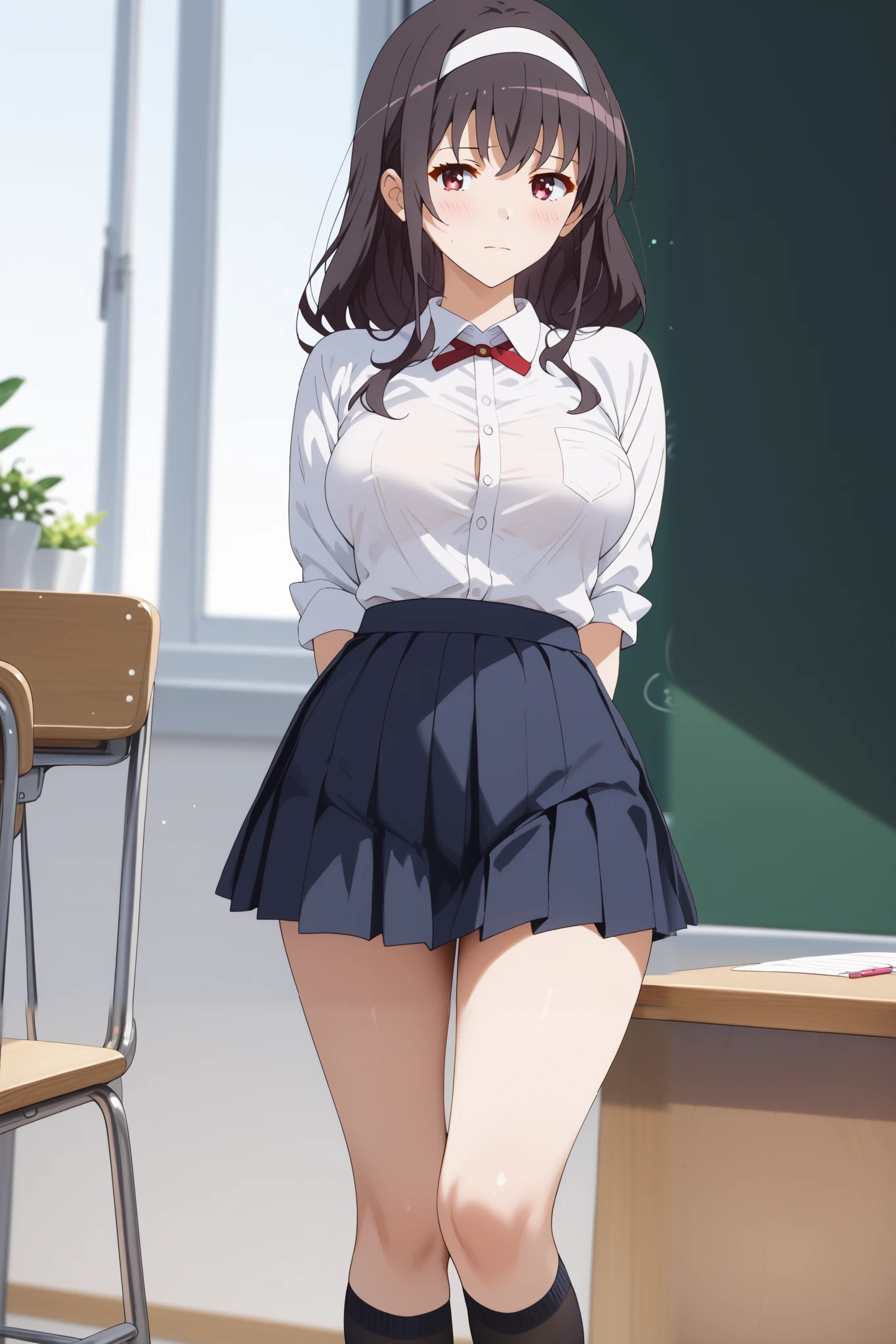 Masterpiece, extremely detailed,perfect quality,4k ,2D ultra graphic,anime ,solo,1girl,kasumigaoka utaha, embarrassed,stand up,full body,beauty face,large breasts ,teacher uniform,white shirt,black hot skirt,stocking,body goals,slim body,slim models body,straddle,arms behind back,looking at viewers,front looks,bokeh