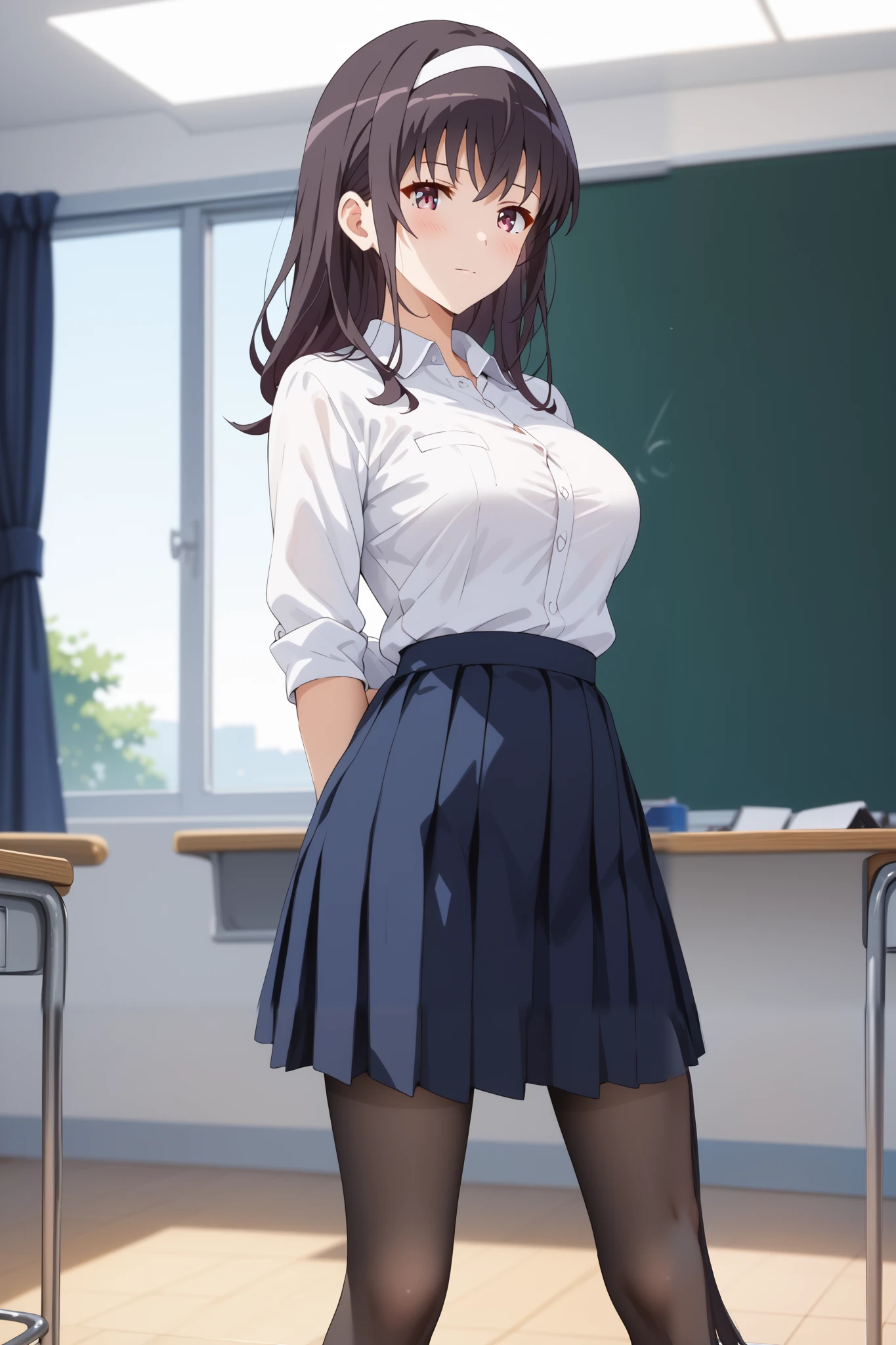 Masterpiece, extremely detailed,perfect quality,4k ,2D ultra graphic,anime ,solo,1girl,kasumigaoka utaha, embarrassed,stand up,full body,beauty face,large breasts ,teacher uniform,white shirt,black hot skirt,stocking,body goals,slim body,slim models body,straddle,arms behind back,looking at viewers,front looks,bokeh