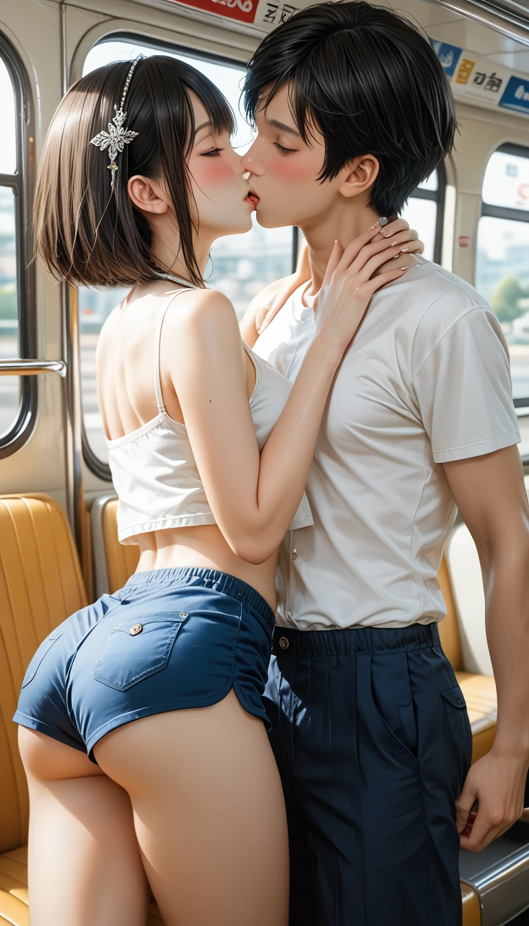 In a crowded train、Her body is facing the viewer、(Dirty 70 year old man in torn clothes)、(Old man hugging her from behind and talking in her ear)、Other guys see her shaking her ass、Pick up Nini while shaking her skirt、photograph、masterpiece、highest quality、Dark Gray Background、(1 girl;16 years old,Brown short hair,Small breasts,Big smile)、Wait until the sexy swinging skirt on the small ass is rounded:1.3)、(Topless with a tight white off-the-shoulder open shirt:1.5,not wearing a bra)、Old man leaning on her from behind and picking her up