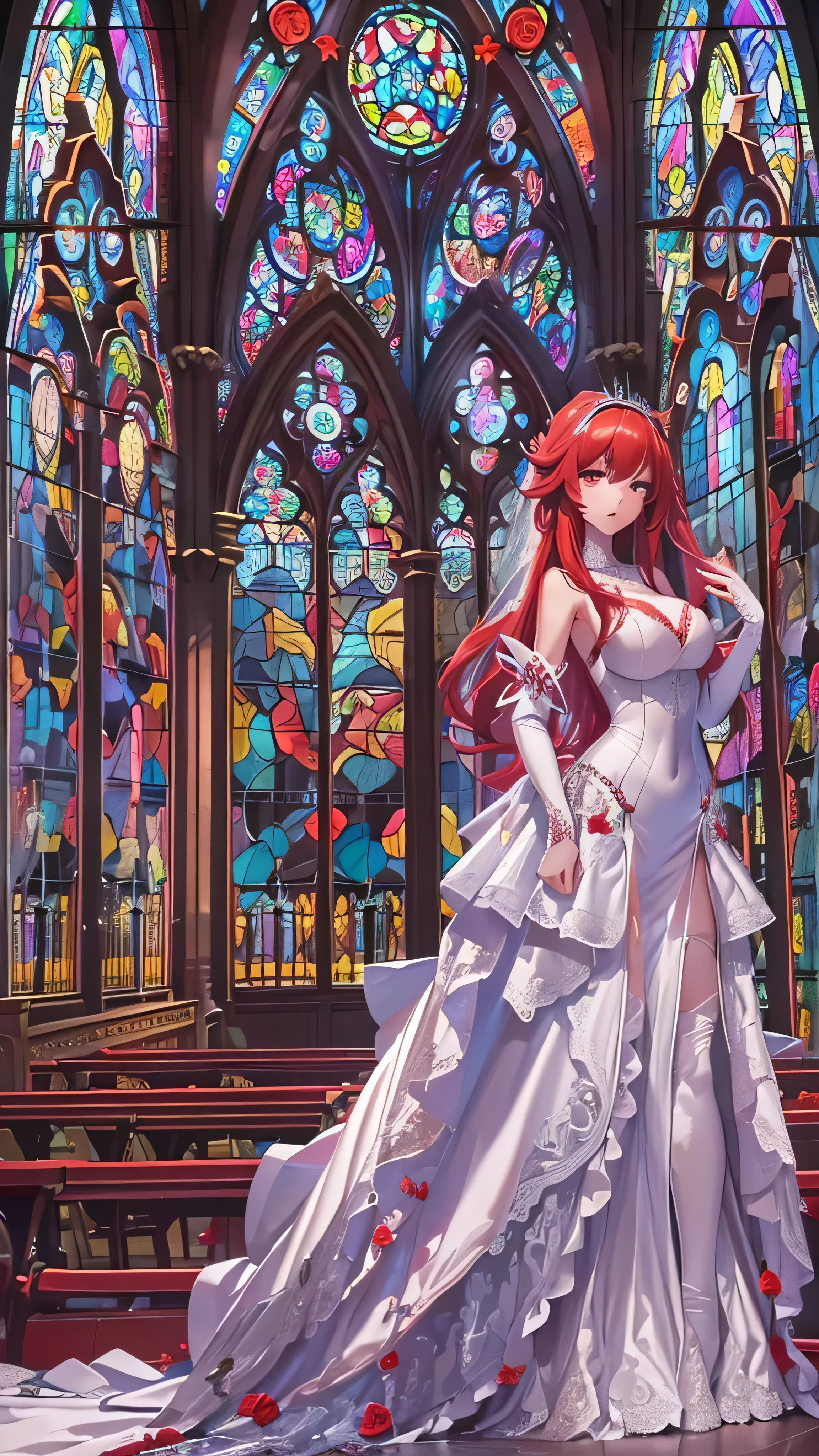  full body high definition image ， One girl , masterpiece,  High Definition , Sonic Edge_Rias_Gremory,Long Red Hair, (( Wedding Dress, Gothic Church ,   bridal lingerie , wedding theme )) Vivid Stained Glass。