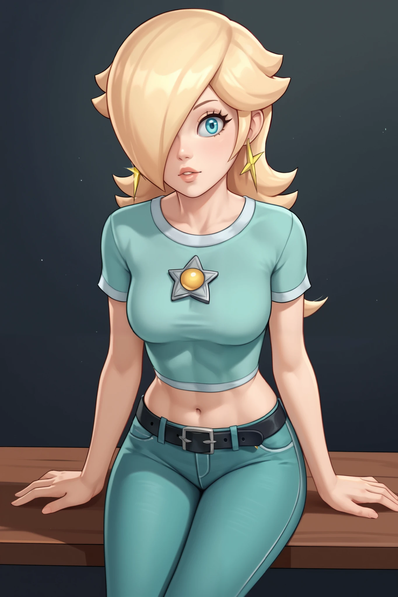 score_9, score_8_up, score_7_up, source_anime, rosalina, blonde hair, blue eyes, hair over one eye, long hair, star earrings, solo, cowboy shot, black t-shirt, taut clothes, tight shirt, midriff, navel, jeans, black belt, sitting, leaning forward, back view