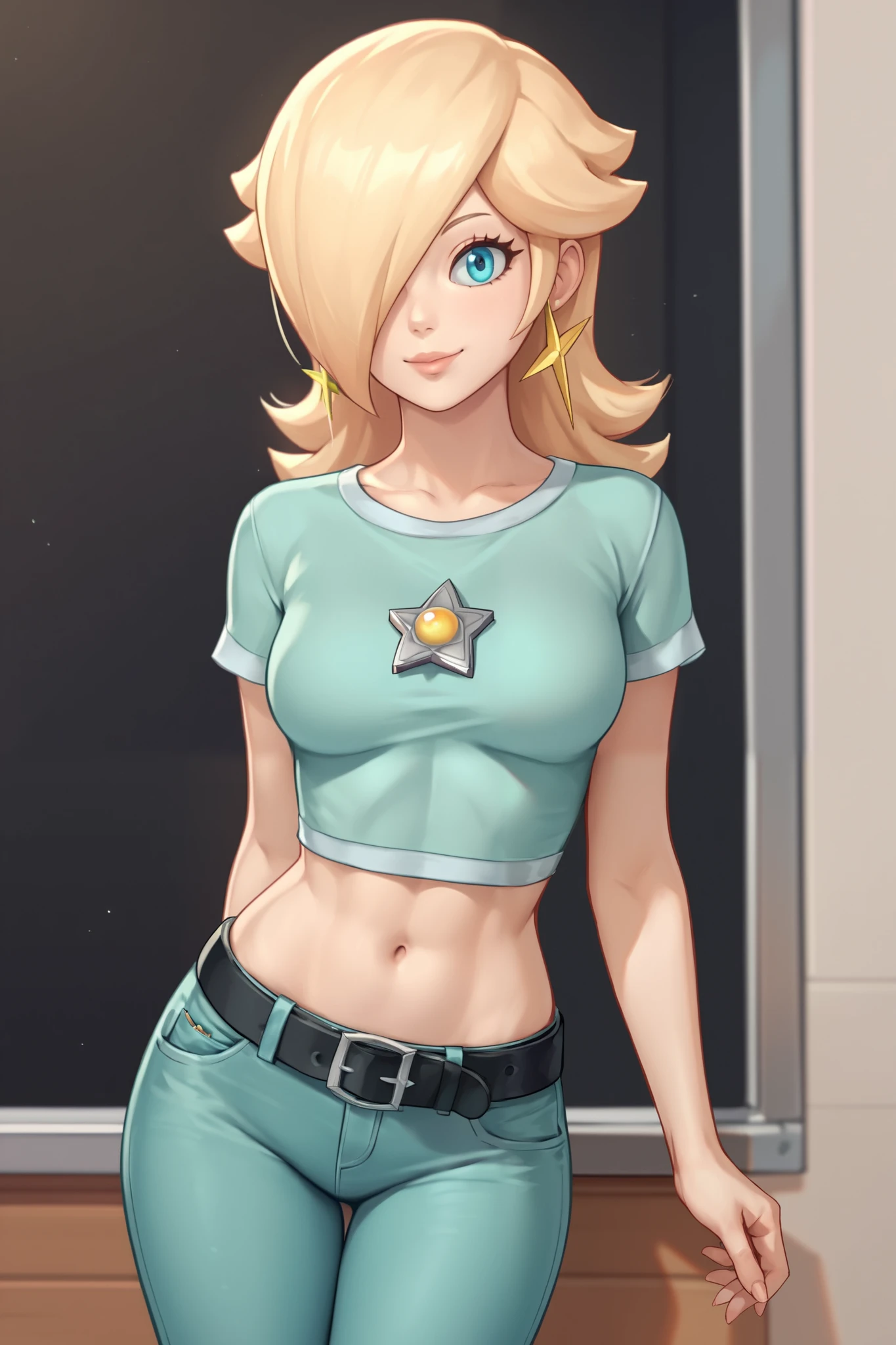 score_9, score_8_up, score_7_up, source_anime, rosalina, blonde hair, blue eyes, hair over one eye, long hair, star earrings, solo, cowboy shot, black t-shirt, taut clothes, tight shirt, midriff, navel, jeans, black belt, arms behind hair, smile