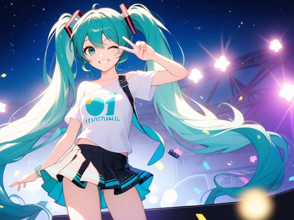 hatune miku (vocaloid)
masterpiece, exquisite, beautiful, 4K, woman, hopeful, cheerful grin, wink, standing, making a peace sign, looking at viewer, twintail, high twintails, aqua hair, green eyes, big eyes, tall, slender, t-shirt, vest, off shoulder, mini skirt, 30-year-old, at concert, on stage, in the festival, surrounded by stars and stardust, at night, beautiful, cel anime, moonlight, underlighting, stage lights, colorful lighting