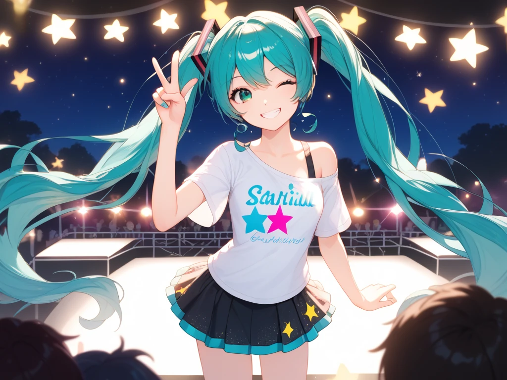 hatune miku (vocaloid)
masterpiece, exquisite, beautiful, 4K, woman, hopeful, cheerful grin, wink, standing, making a peace sign, looking at viewer, twintail, high twintails, aqua hair, green eyes, big eyes, tall, slender, t-shirt, vest, off shoulder, mini skirt, 30-year-old, at concert, on stage, in the festival, surrounded by stars and stardust, at night, beautiful, cel anime, moonlight, underlighting, stage lights, colorful lighting