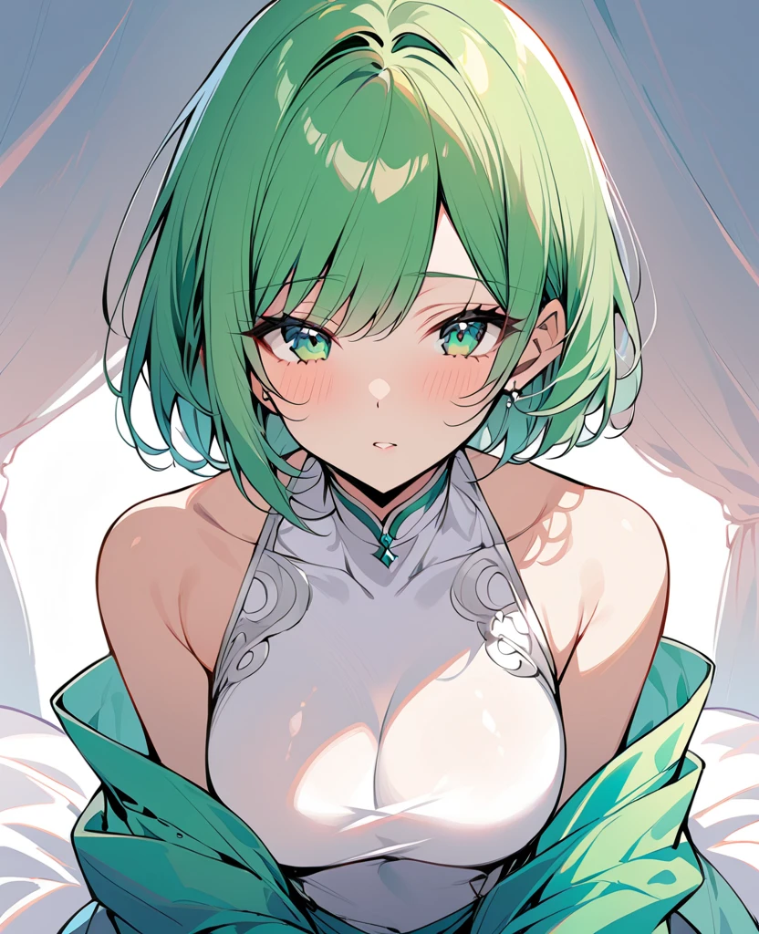 1 person, girl, top rated on pixiv, Masterpiece,Green Hair, short bob hair, green eyes,Princess,(less amount of hair:1.3)