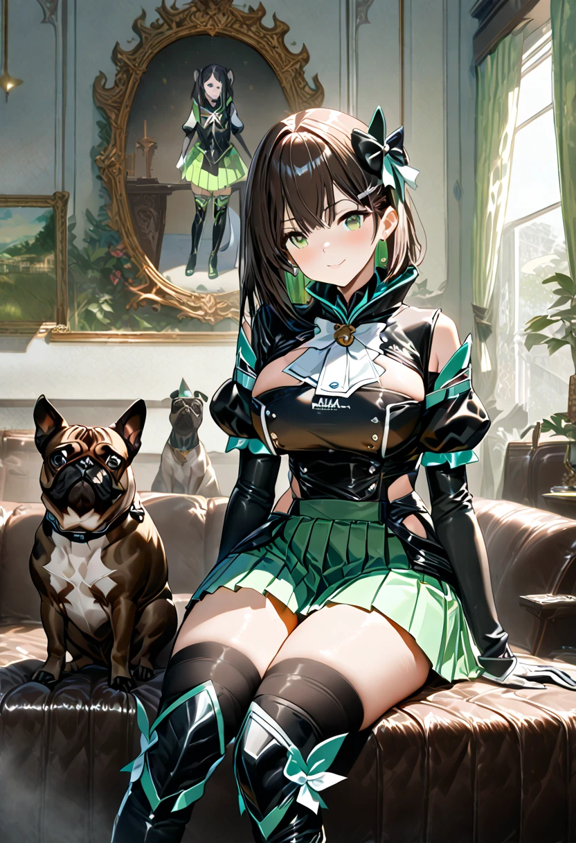 masterpiece,  top quality ,  High Definition 、 top quality 、 Unity 8k wallpaper 、32K、 very detailed、超 High Definition 、 very detailedな顔、 RAW photo、 Professional 、Fine painting、(((Pugnuma  )))、(((white,   Green and Black Puella Costume  )))、((( puff sleeve)))、(((Shoulder rest)))、((( pleated skirt)))、 long gloves、  Thigh-High Stiletto Boots  、 胸に大きなエメラルドブローチが付いた大きな黒とwhiteのリボン、 hair clip、 hair bow、Long horse tail 