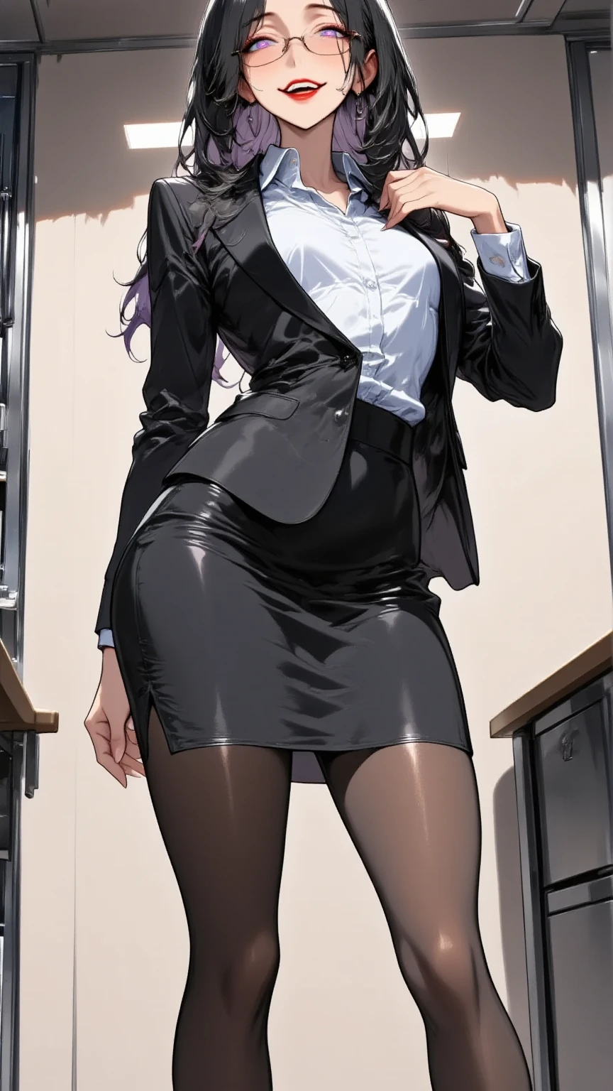 One young and beautiful woman,(masterpiece:1.3, top quality :1.3, very detailed depiction:1.3, incredible high resolution:1.3,High quality anime drawings),( office lady with straight black hair,An excellent female secretary,Villainess,Glasses),( business suit, tight skirt , formal shirt to accumulate strength, black tights, Luxurious Accessory , high heels),( purple eyes, Crazy Eyes , half-closed eyes, normal breasts, wicked smile, glossy red lips , is opening her mouth,Seductive gestures,Beautiful legs, healthy legs,Curvaceous Body,High quality skin),Full body images:2.0,