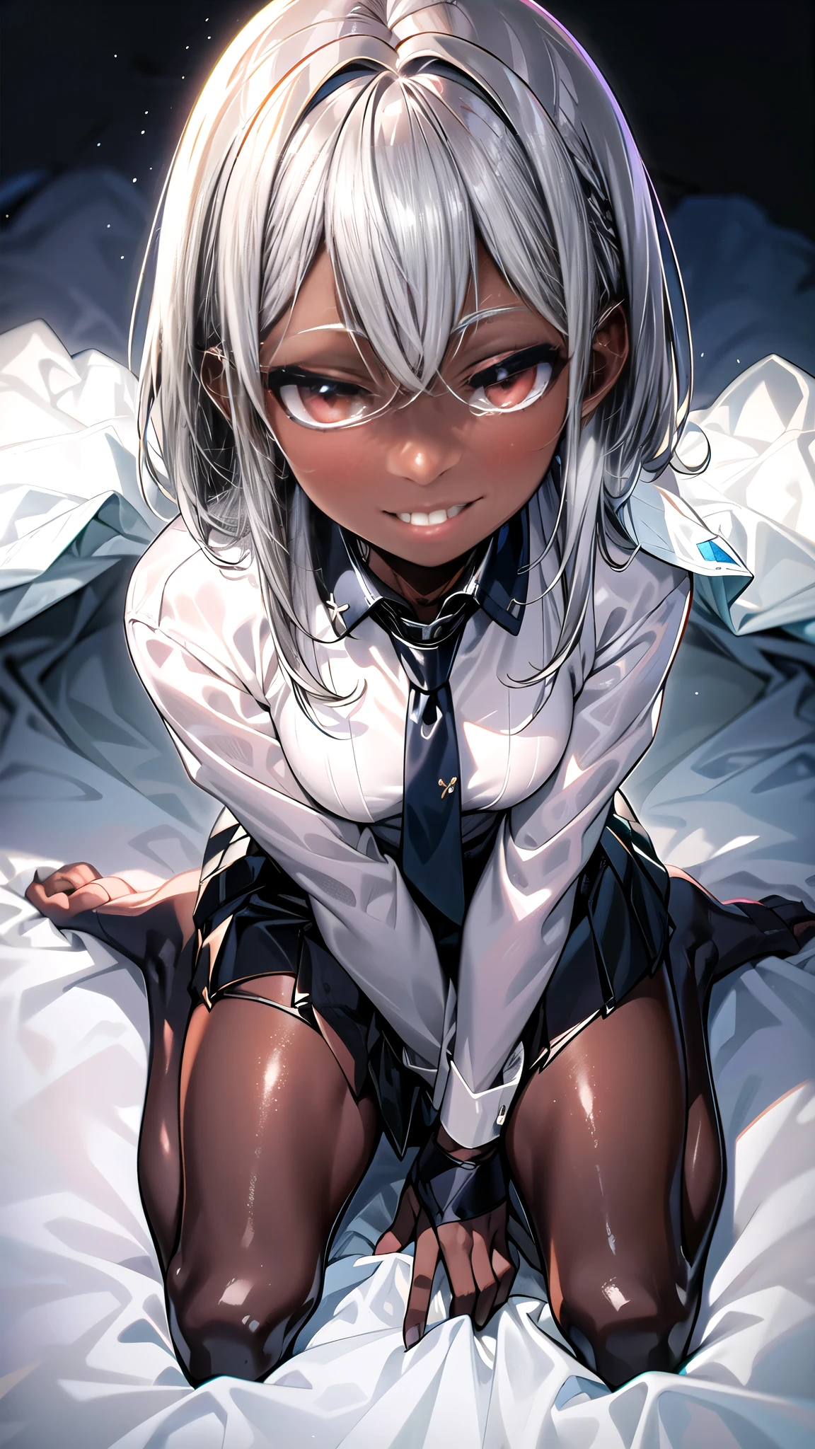 one person , dark skin , Silver Hair,Tempting, ， Clear Clothes ，School Uniform，Smile，Kneel down，exposed