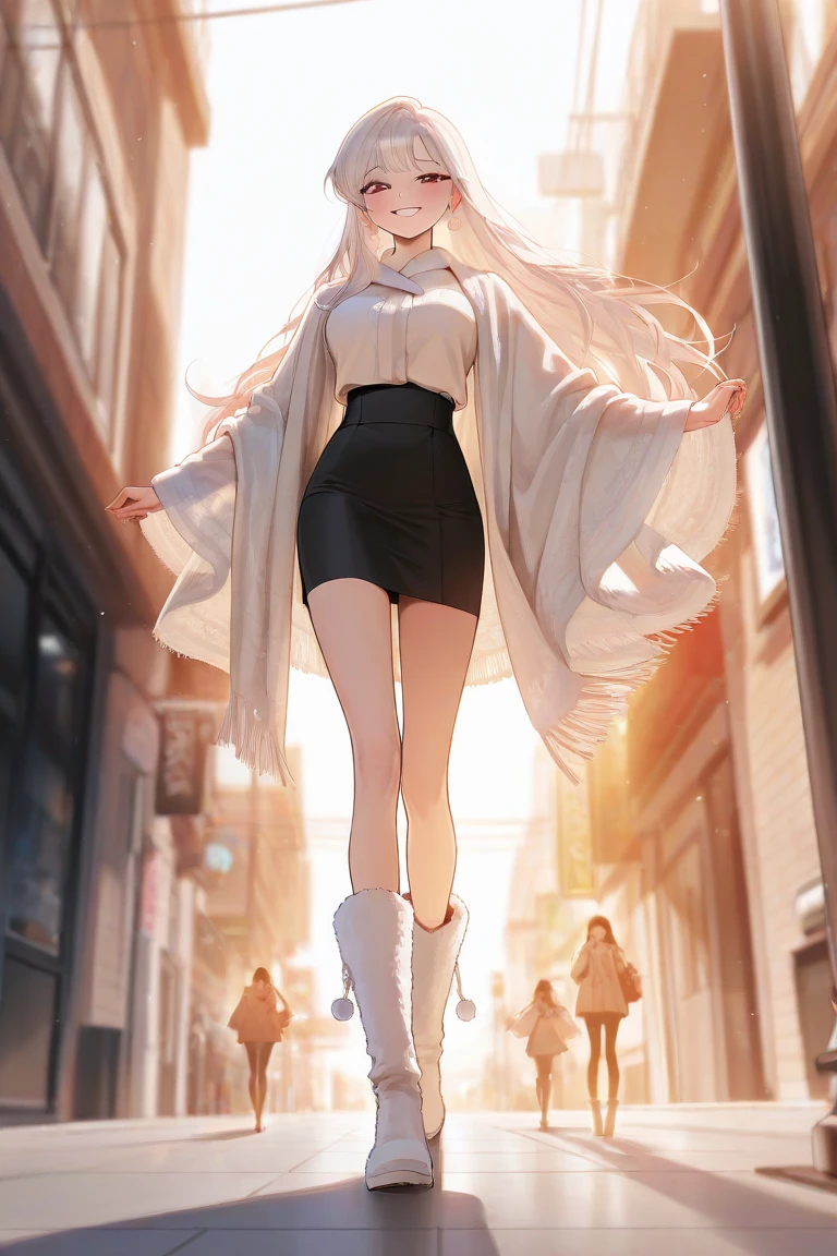  wearing long white padding, a white shawl, and white fur boots,  Walking in downtown Seoul , beautiful korean woman,  Very thin and long legs , Smiling 