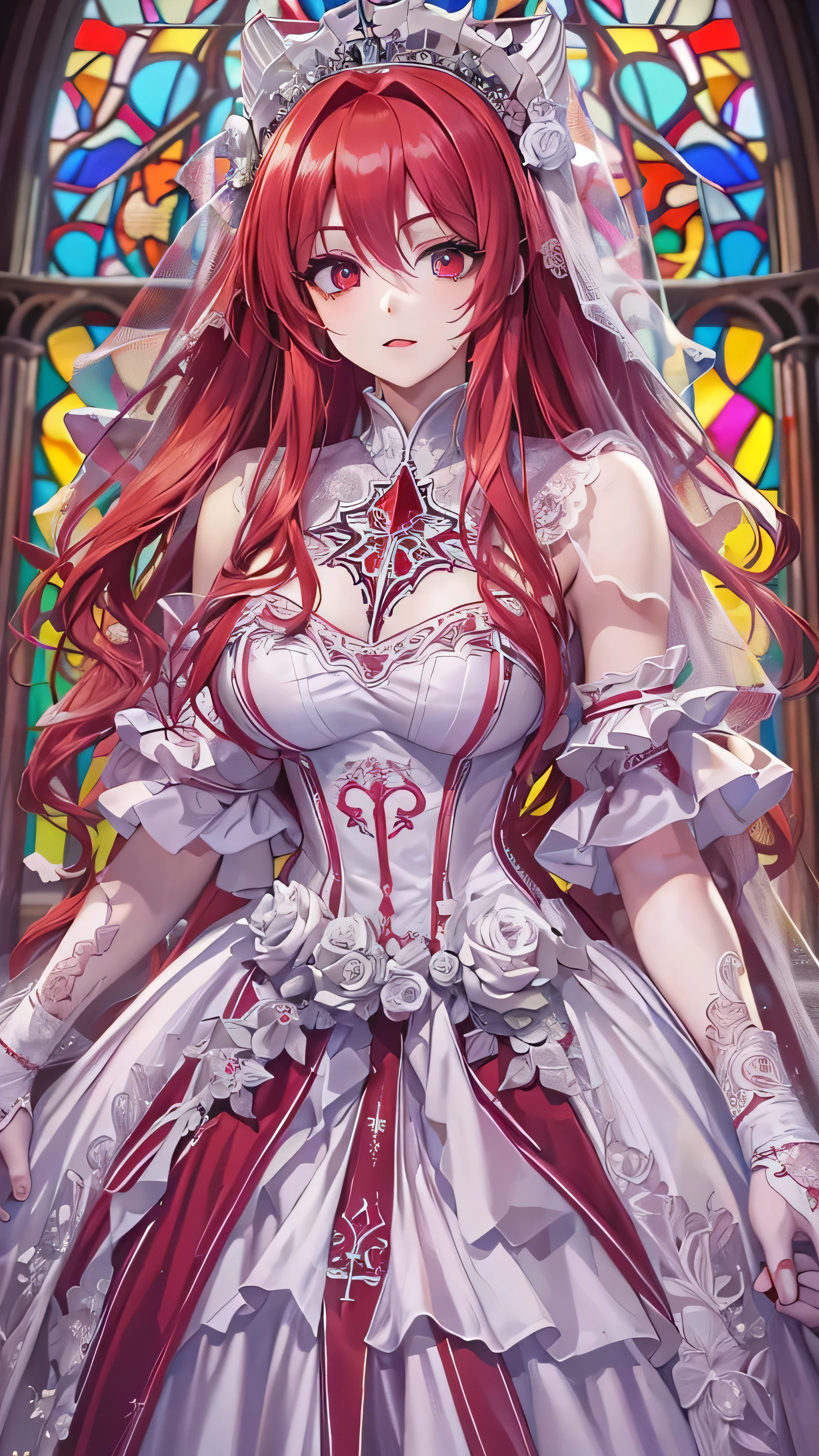  full body high definition image ， One girl , masterpiece,  High Definition , Sonic Edge_Rias_Gremory,Long Red Hair, (( Wedding Dress, Gothic Church ,   bridal lingerie , wedding theme )) Vivid Stained Glass。