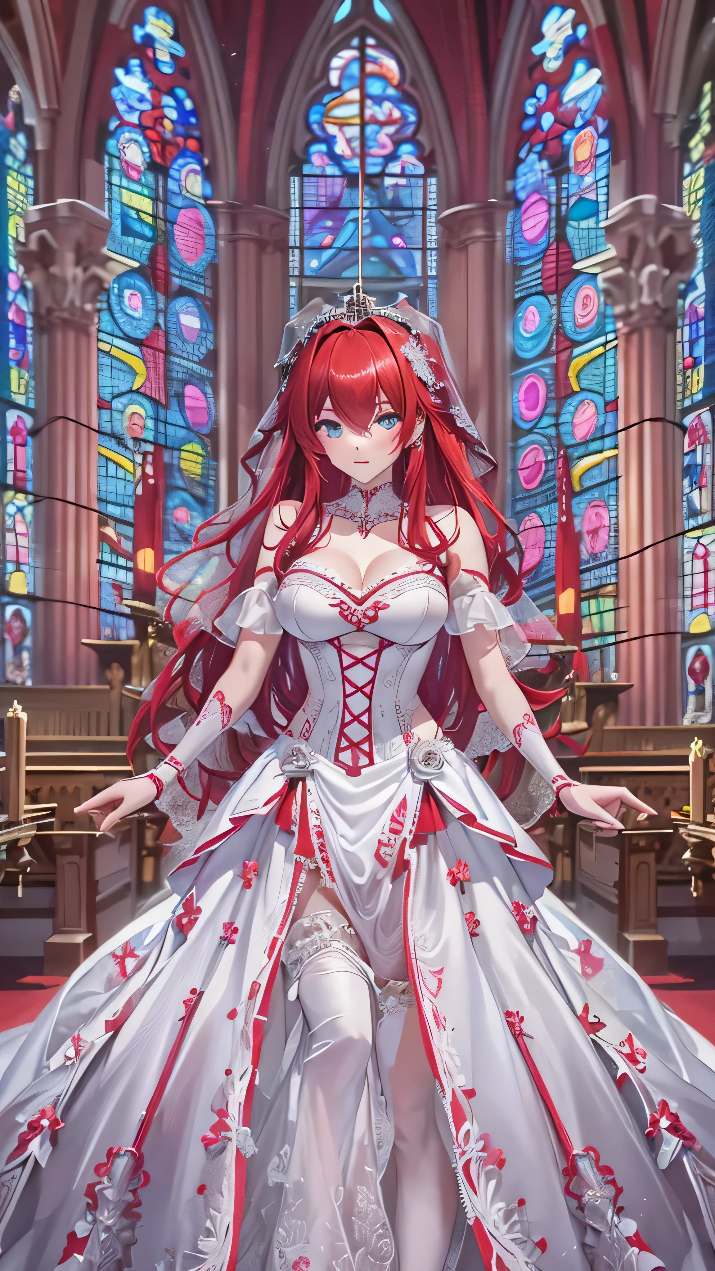  full body high definition image ， One girl , masterpiece,  High Definition , Sonic Edge_Rias_Gremory,Long Red Hair, (( Wedding Dress, Gothic Church ,   bridal lingerie , wedding theme )) Vivid Stained Glass。