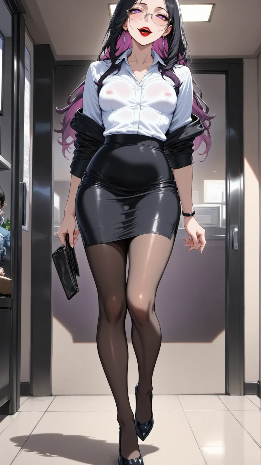 One young and beautiful woman,(masterpiece:1.3, top quality :1.3, very detailed depiction:1.3, incredible high resolution:1.3,High quality anime drawings),( office lady with straight black hair,An excellent female secretary,Villainess,Glasses),( business suit, tight skirt , formal shirt to accumulate strength, black tights, Luxurious Accessory , high heels),( purple eyes, Crazy Eyes , half-closed eyes, normal breasts, wicked smile, glossy red lips , is opening her mouth,Seductive gestures,Beautiful legs, healthy legs,Curvaceous Body,High quality skin),Full body images:2.0,