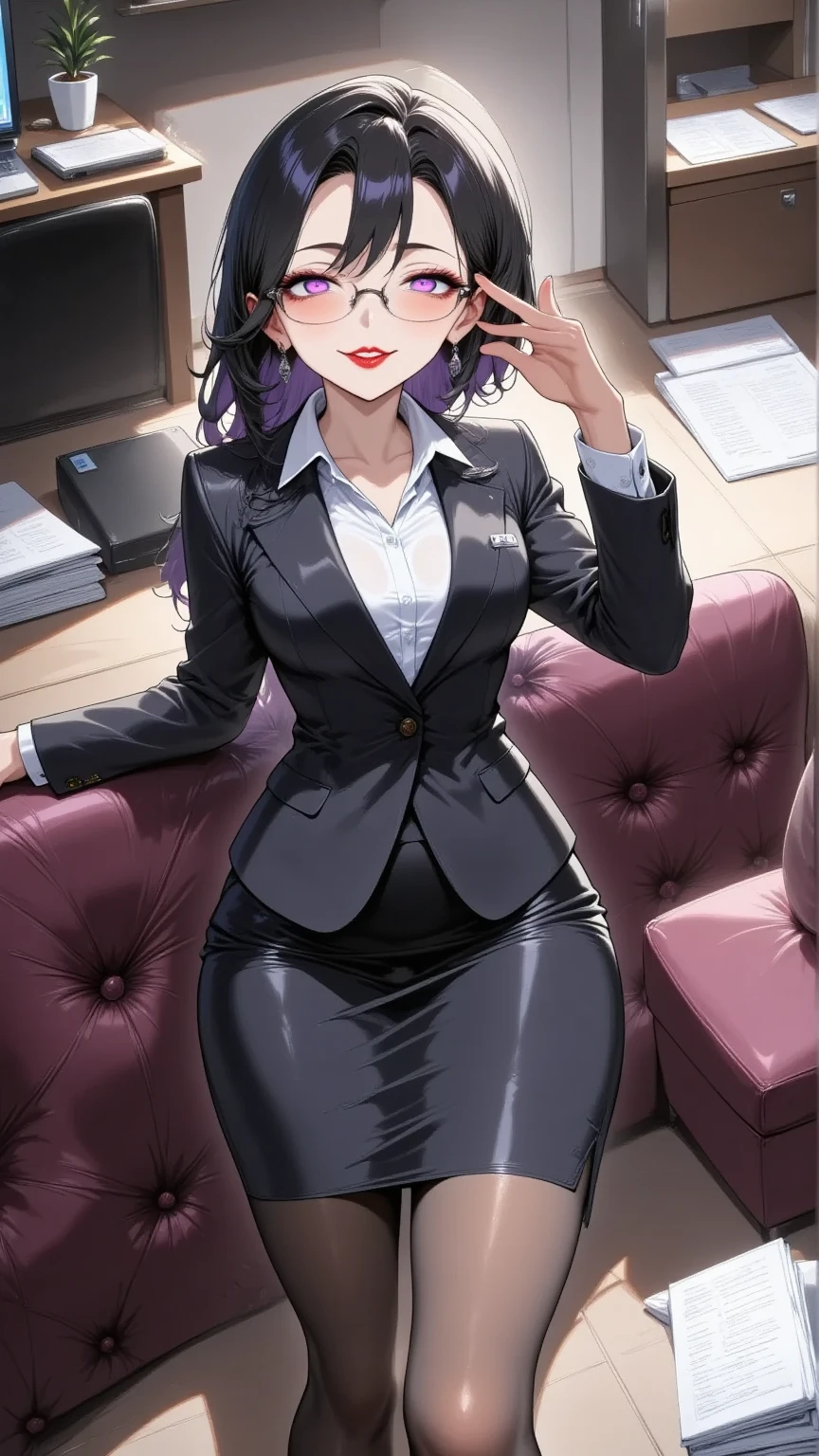 One young and beautiful woman,(masterpiece:1.3, top quality :1.3, very detailed depiction:1.3, incredible high resolution:1.3,High quality anime drawings),( office lady with straight black hair,An excellent female secretary,Villainess,Glasses),( business suit, tight skirt , formal shirt to accumulate strength, black tights, Luxurious Accessory , high heels),( purple eyes, Crazy Eyes , half-closed eyes, normal breasts, wicked smile, glossy red lips , is opening her mouth,Seductive gestures,Beautiful legs, healthy legs,Curvaceous Body,High quality skin),Full body images:2.0,