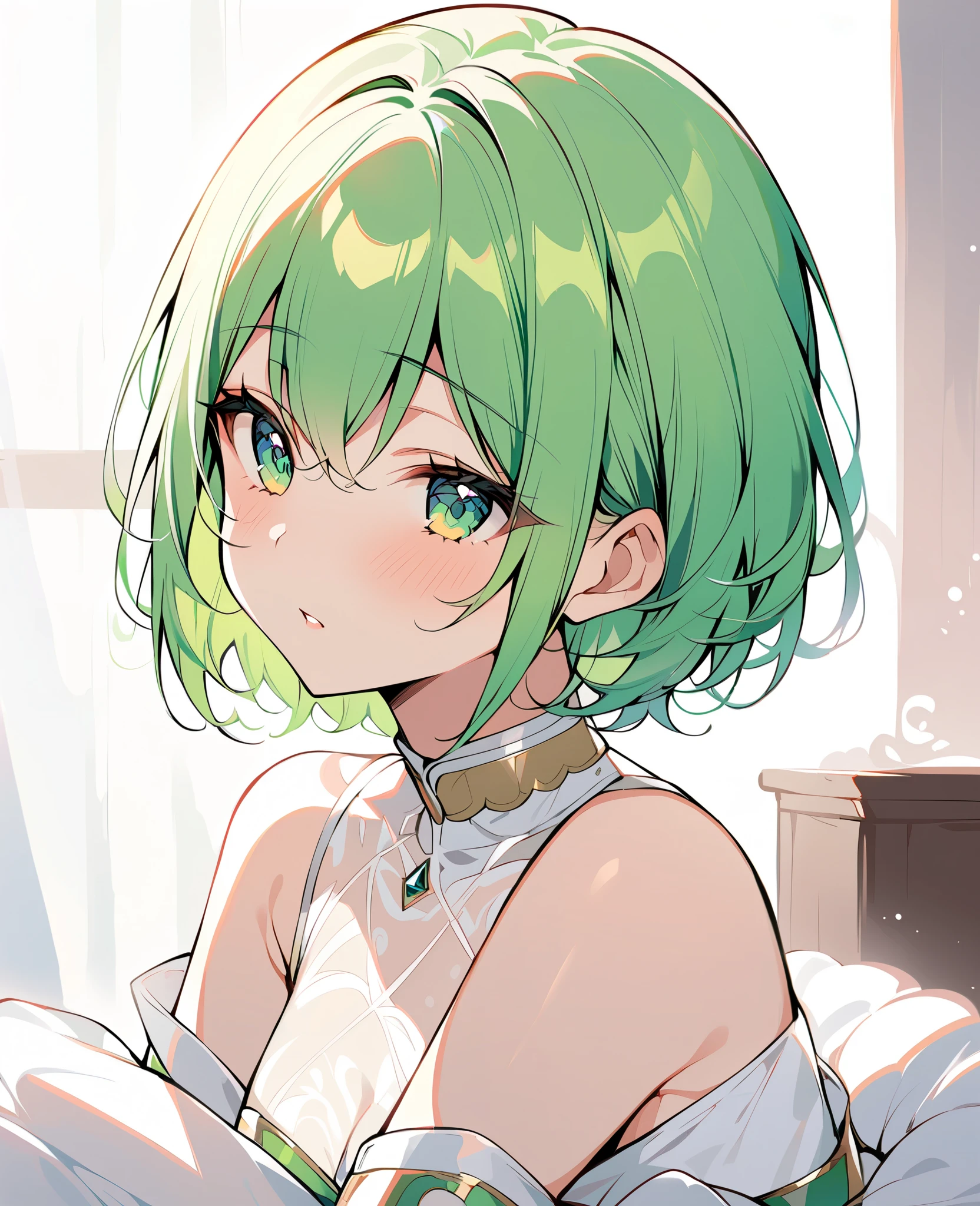 1 person, girl, top rated on pixiv, Masterpiece,Green Hair, short bob hair, green eyes,Princess,(less amount of hair:1.5)
